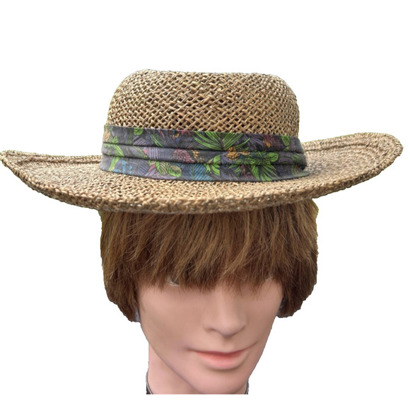 Summer Club Straw Hat Outback Hat Size Medium Australia Floral Fabric Greenery - Picture 1 of 8
